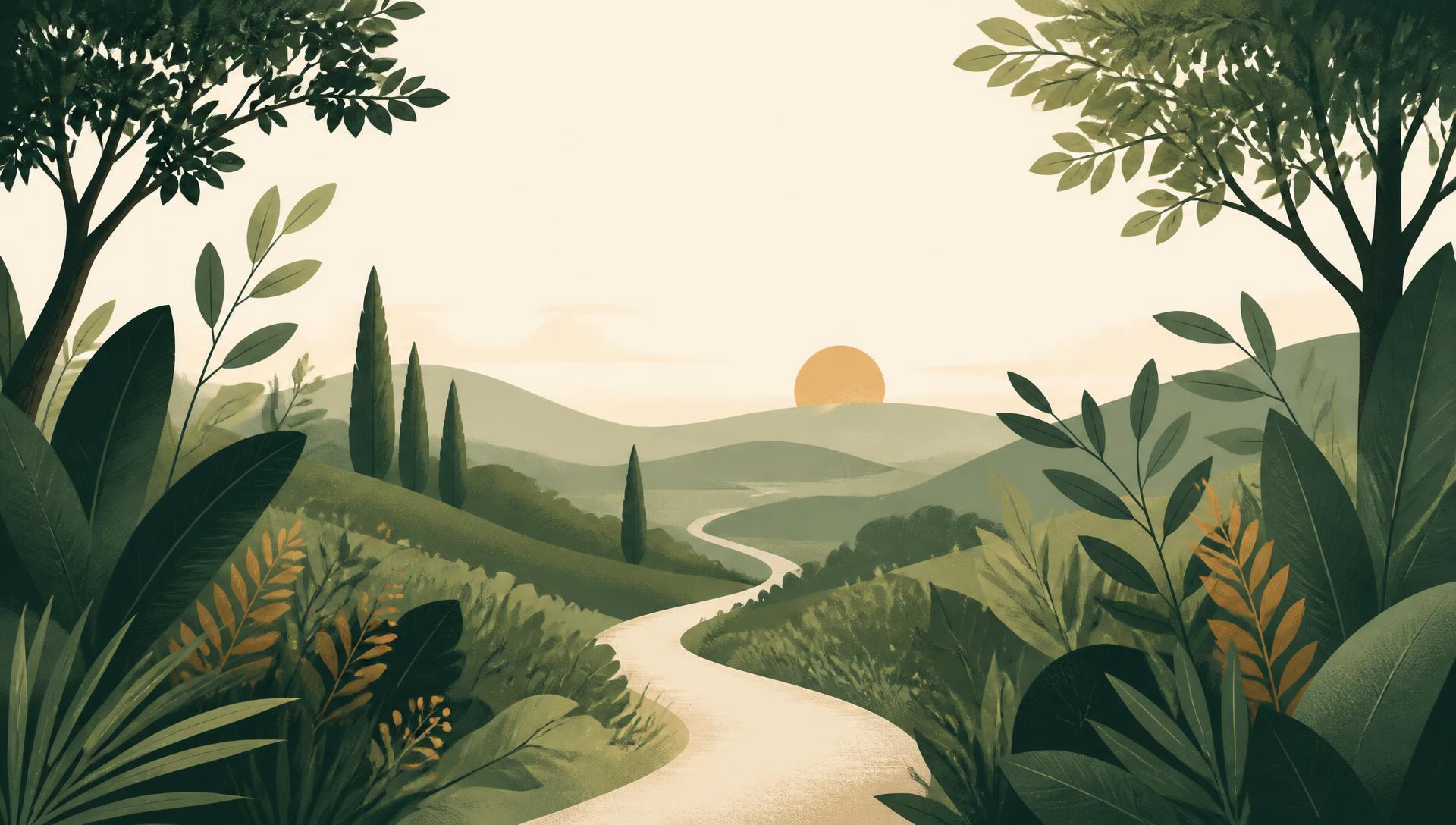 Ilustração editorial de uma trilha entrando por uma paisagem de vegetação densa e colinas ao pôr do sol