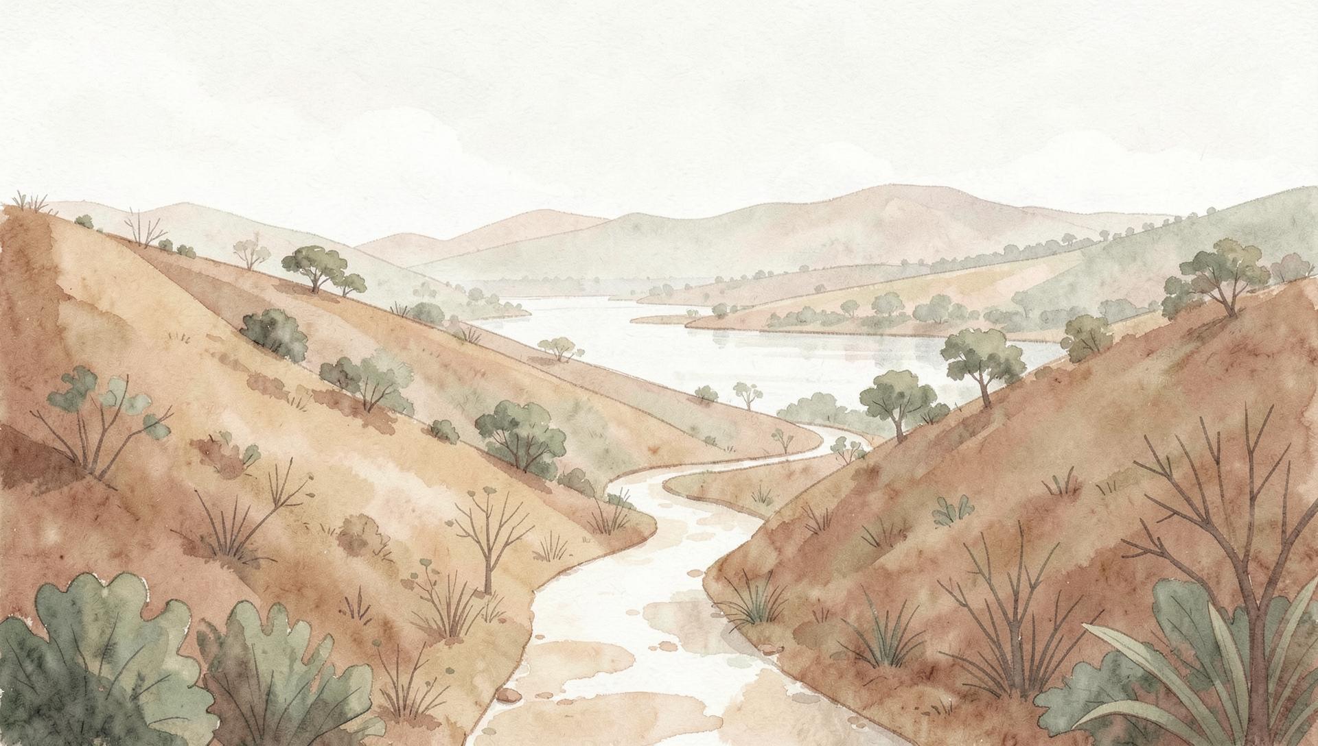 Ilustração editorial em aquarela de uma trilha serpenteando por colinas suaves em direção a um rio, com vegetação nativa e luz suave